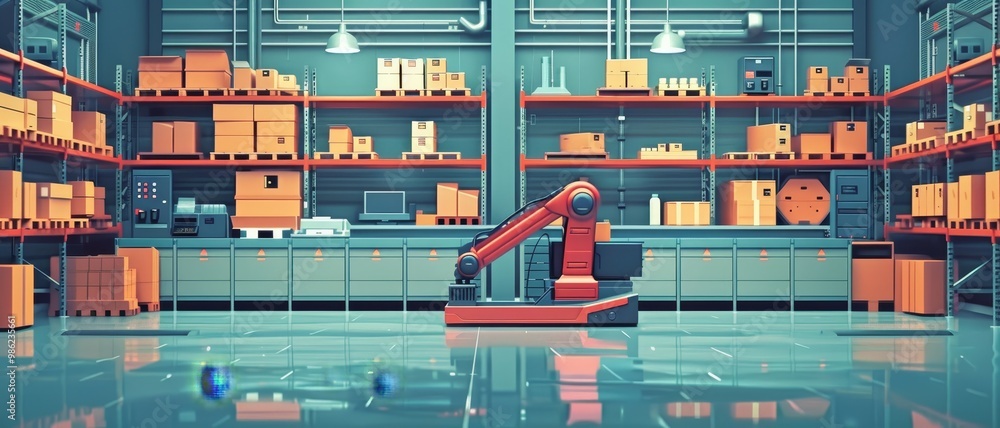 Aufkleber a modern warehouse featuring organized shelves of orange boxes and a robotic arm, exemplifying autom