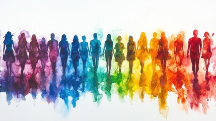 Obraz premium A line of people walking in a rainbow, symbolizing diversity, unity, and acceptance.