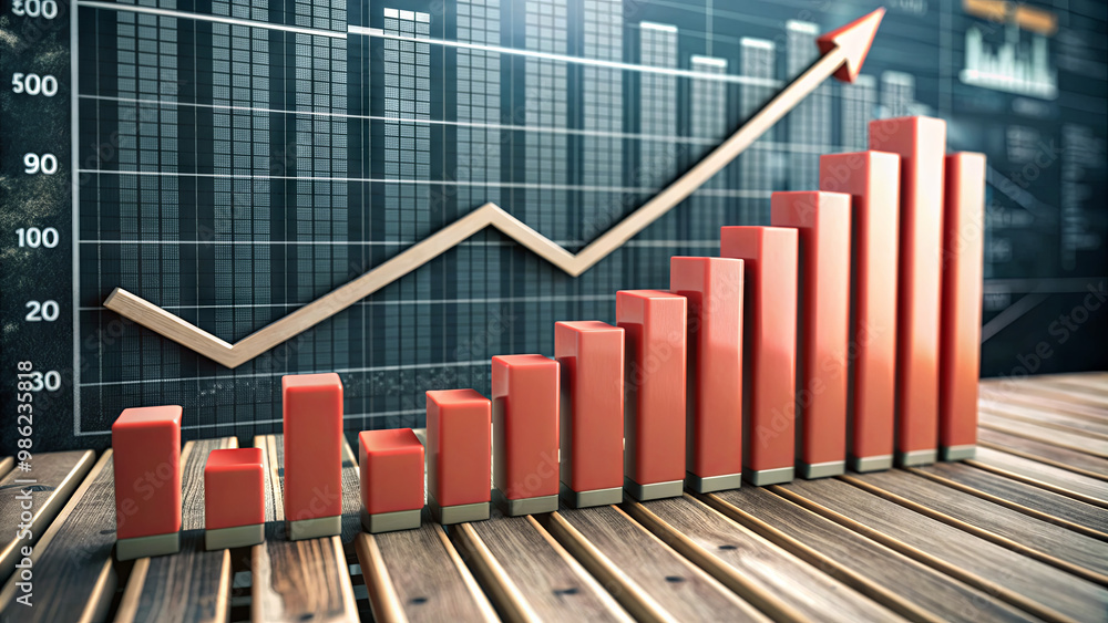 Poster a detailed visualization of a business's growth trend, featuring a bar graph with increasing values 