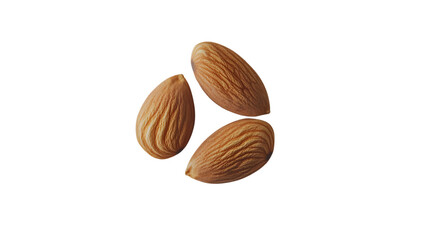 Close-up of three almonds on transparent background highlighting natural texture