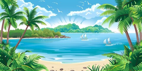 Tropical Island Paradise with Palm Trees and Boats