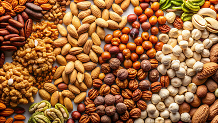 Obraz premium Assorted nuts on a plain background, perfect for health and wellness concepts , nuts, mix, health, organic, snack, protein