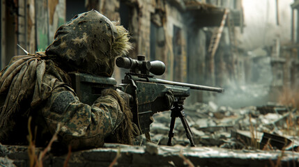 sniper in camouflage is strategically positioned in ruined building, showcasing tense atmosphere in war torn environment. focus on sniper highlights intensity of situation