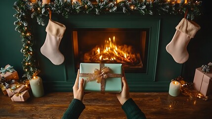 A peaceful Christmas scene with a person holding a pastel-wrapped gift, standing by a pastel-themed fireplace adorned with soft garlands and stockings,