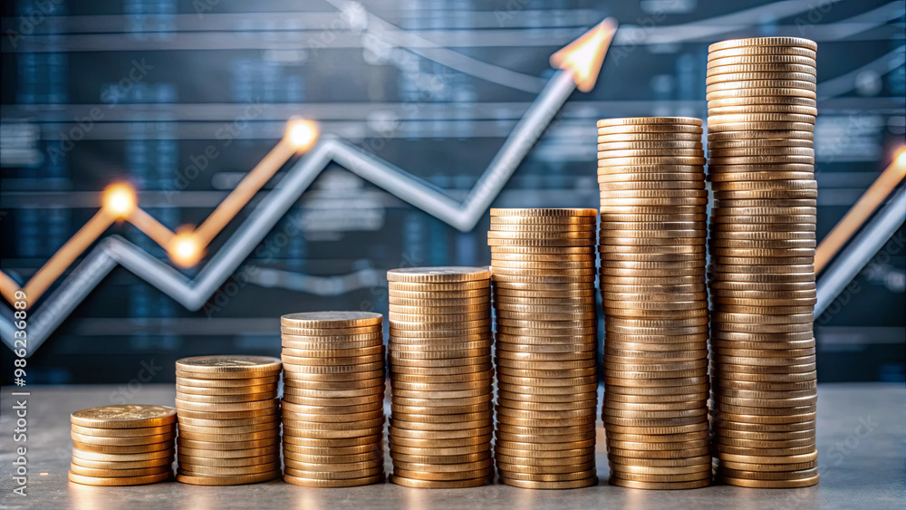 Poster a series of stacked coins is arranged to illustrate increasing value, set against a background graph
