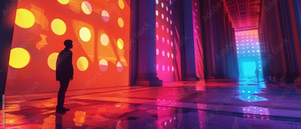 Poster a figure stands in a vibrant hall illuminated by colorful lights and abstract patterns, creating a s