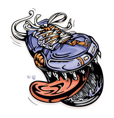 Colorful vector illustration in cartoon style of sneakers featured with mouth, tongue and teeth. Fantasy art for prints on T-shirts, posters and etc ...