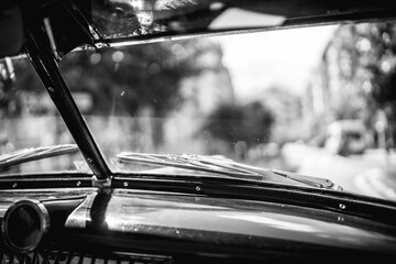 A black and white photo of a car window with a city in the background