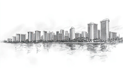 Obraz premium Honolulu, Hawaii, black and white pen pencil hand-drawn effect drawing illustration for travel poster, card, wallpaper, backdrop or banner. Modern, clear, artistic and simple
