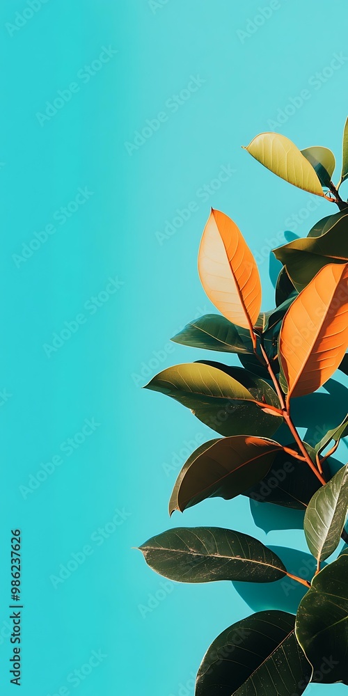 Poster Green Leaves on Blue Background