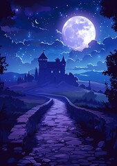 Fototapeta premium Stone Path Leading to a Castle under a Full Moon