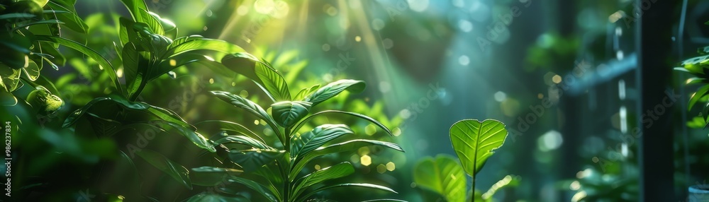 Aufkleber a serene scene showcasing lush green leaves illuminated by soft sunlight, creating a tranquil and re