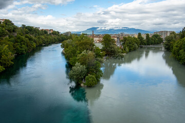 Geneva, Switzerland, Europe - Jonction - place where two rivers Rhone left and Arve right conect and from this place one river