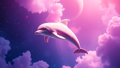 Playful pink dolphin jumping in a dreamy sky