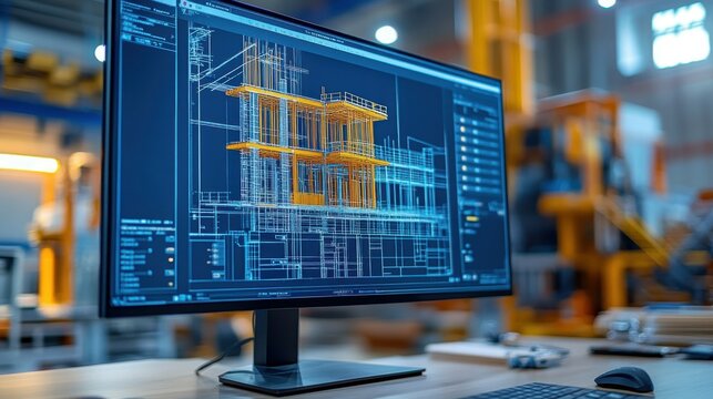 A close-up, realistic image of a construction CAD drawing on a large monitor, with various tools and construction elements visible on the screen. The image highlights the precision of the