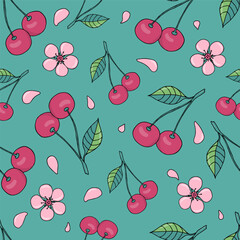 Seamless  doodle pattern with pink cherry fruits, green leaves and pink sakura flowers. Vector illustration on green background for textile, wallpaper and wrapping paper