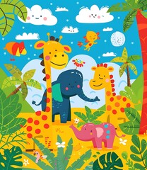 Obraz premium Cute Cartoon Animals In The Jungle