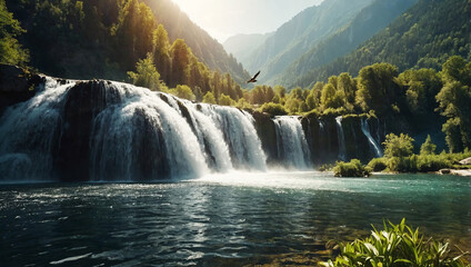 Fototapeta premium In the sunny mountains, a waterfall cascades into a serene lake, surrounded by birds and wildlife