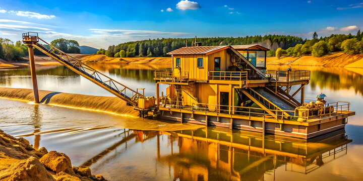 Gold mining operation using an industrial dredge to wash soil, gold, mining, dredge, operation, equipment, industrial