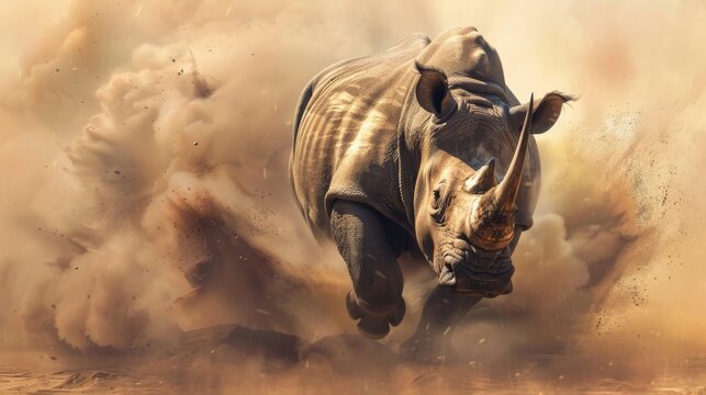 Powerful Rhinoceros Charging Through Dusty Savanna Storm