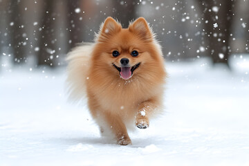 Obraz premium Pomeranian Dog in Winter Park, Fluffy Pet Enjoying Snowy Outdoors