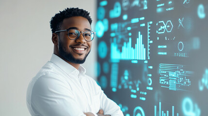 happy smiling African businessman standing with arms crossed, professional confident male, with stock financial chart screen on background, looking at camera, stock market forex trading concept