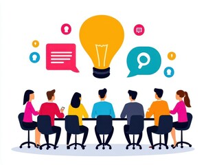 Group of business people brainstorming with a banner of key objectives in the background, goals, collaborative goal setting