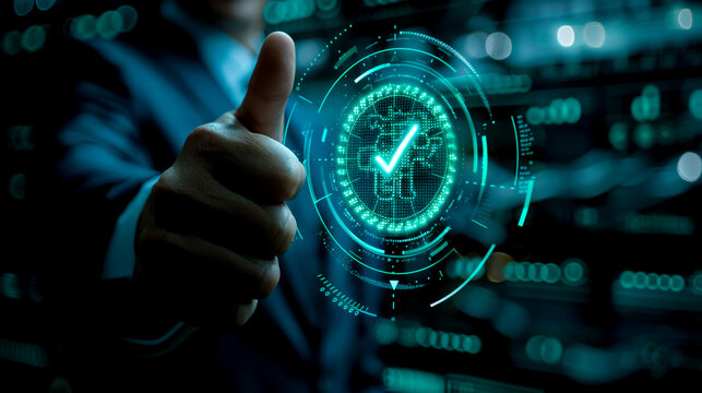 business professional gives thumbs up gesture, symbolizing approval and success in digital environment. background features glowing data and technology elements, enhancing modern feel - Powered by Adobe