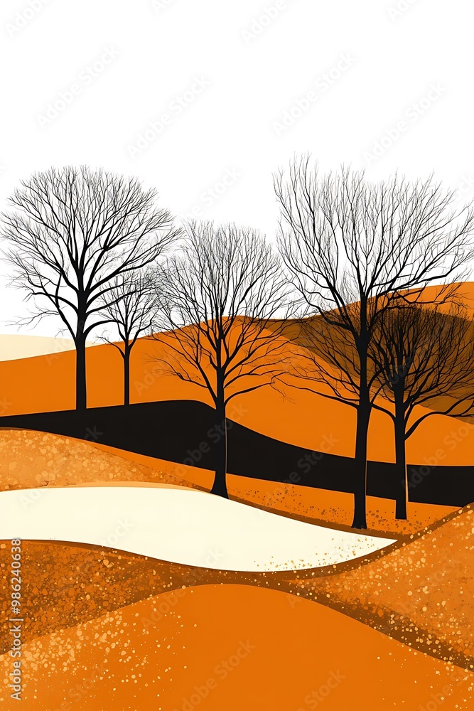 Wall mural Abstract Landscape with Bare Trees and Orange Hills