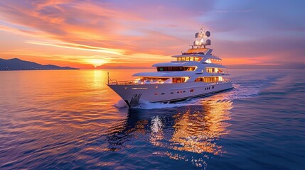 Fototapeta premium Luxurious yacht sailing at sunset on a serene ocean, with vibrant colors reflecting off the water and sky, creating a stunning maritime scene.