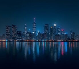 Fototapeta premium Nighttime Skyline of City with Reflections on Water