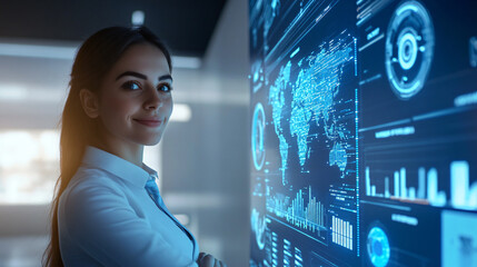 happy smiling successful businesswoman standing with arms crossed, pretty confident female see stock financial chart screen, looking at camera, Business data analytics, technology concept