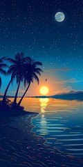 Tropical Sunset Beach With Palm Trees and Stars