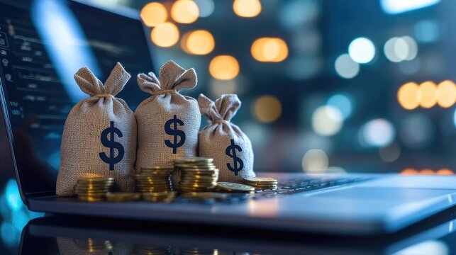 Laptop with money bags and coins, symbolizing financial growth and investment in the fintech sector