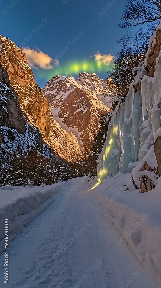 Poster Snowy Mountain Path with Green Aurora Borealis