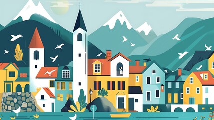 Colorful Illustration of a Small Town by the Lake With Mountains in the Background
