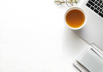 White Minimalist Desk Workspace with Tea, Glasses and Laptop