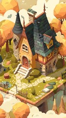 Cute Cartoon Style Autumn House Illustration