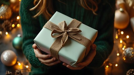 A person smiling dreamily as they hold a pastel-wrapped gift, surrounded by softly glowing holiday lights and delicate ornaments,