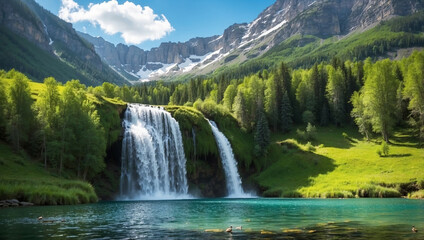 Fototapeta premium In the sunny mountains, a waterfall cascades into a serene lake, surrounded by birds and wildlife