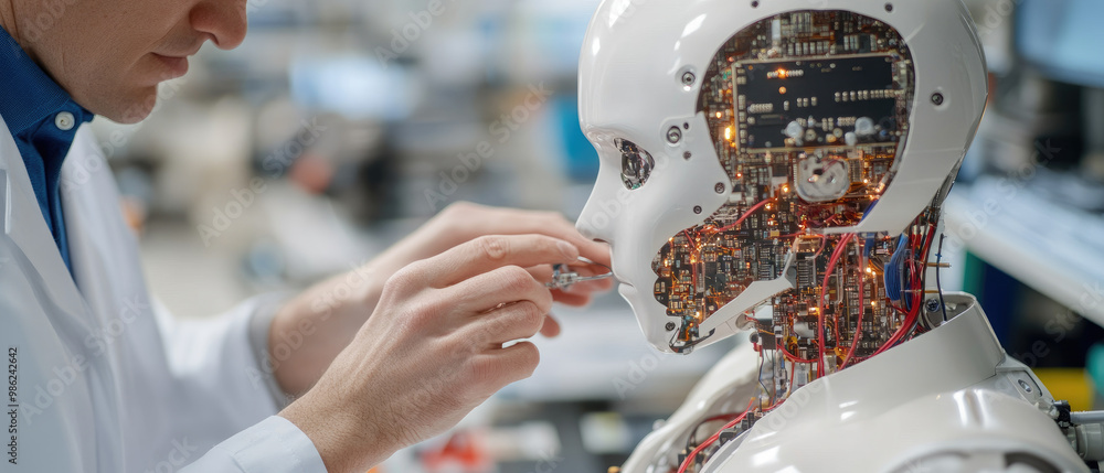 Poster in a high-tech lab, an engineer in a lab coat carefully connects intricate circuitry to a humanoid r