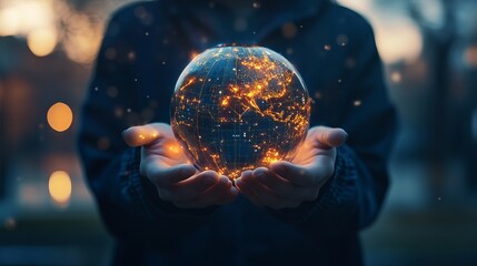 Fototapeta premium A person holds a glowing globe, symbolizing global connection.