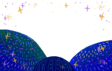 fantasy lanscale mountain with stars and universe purple blue shade of elements hand drawn illustration
