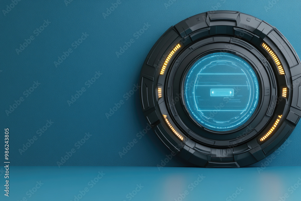 Poster explore a high-tech abstract design featuring a glowing circular portal and hologram elements, perfe