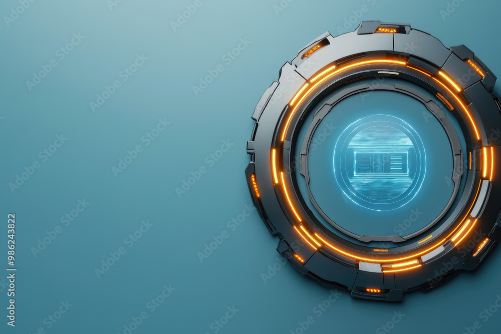 Poster explore an abstract high-tech design featuring a glowing hologram circle, perfect for sci-fi themes 