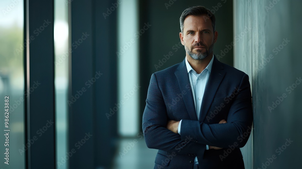 Wall mural Businessman with a stern look, standing by an office wall, hands clasped, looking at the camera.