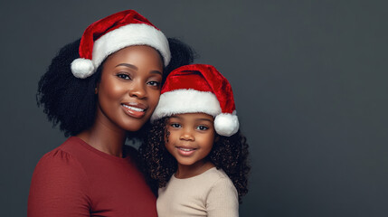 Fototapeta premium Heartwarming scene of an African American mother and daughter wearing Santa hats, celebrating the holiday spirit together in their cozy home environment.