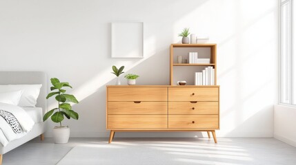 Fototapeta premium Modern Light Wood Sideboard in Minimalist Room