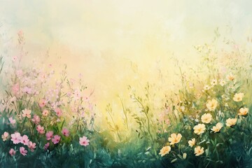 Obraz premium Impressionist Wildflower Meadow Background with Pastel Ombre in Soft Yellow, Pink, and Green
