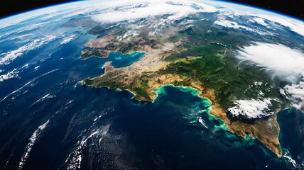 Panoramic view of Earth from space glowing city lights, light clouds, and the vibrant curve of the globe